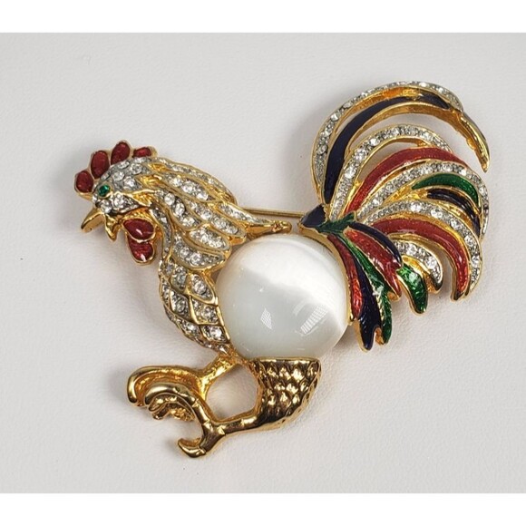Vintage Moonstone Jelly Belly Body Enamel Crystal Rhinestone Rooster Brooch - Picture 6 of 13